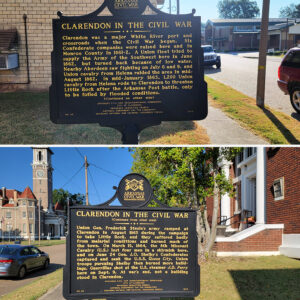 front and back of a sign with descriptions of Civil War confrontations