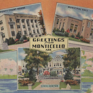 Postcard featuring three large granite buildings "Greetings from Monticello"