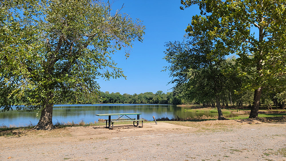 Picnic table on the edge of pond lined with trees