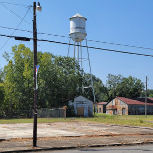 Small town buildings and street with water tower in the background with "Sparkman" on the side