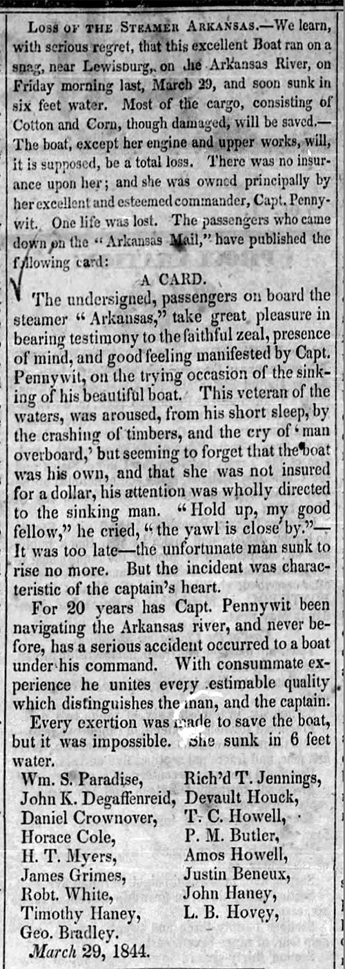"Loss of the Steamer Arkansas" newspaper clipping