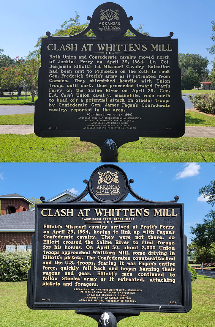 Two sides of metal sign saying "Clash at Whitten's Mill"
