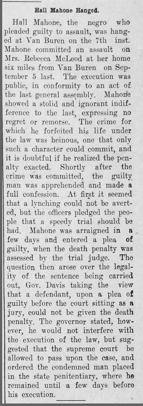 "Hall Mahone Hanged" newspaper clipping