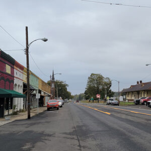 Small town street with storefront businesses