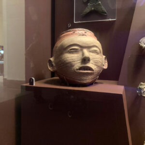 head sculpture of ceramic on display in museum setting