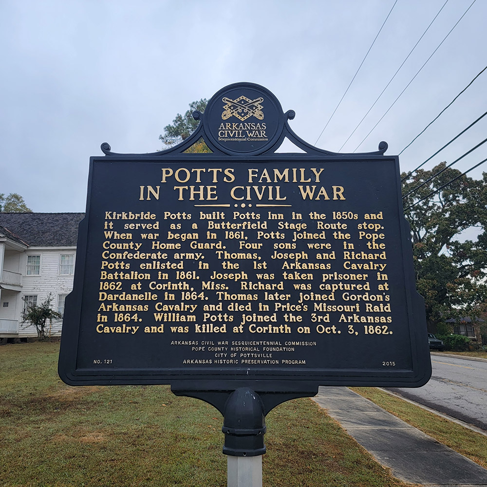 Metal sign with information about the Potts family in the Civil War