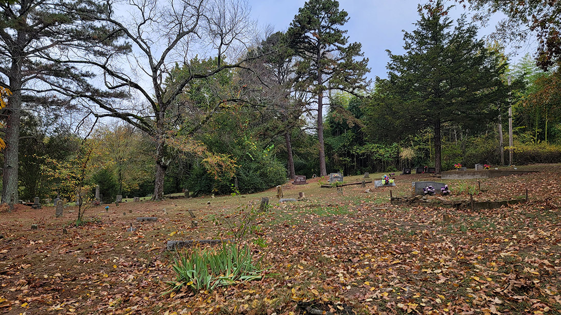 Cemetery with tall trees and gravestones and leaf litter