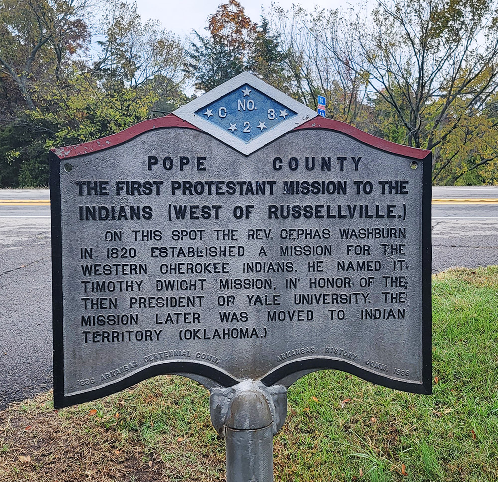 Metal sign with information about Native Americans "the first Protestant mission to the Indians"