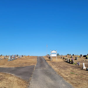 Treeless cemetery with roads cutting through