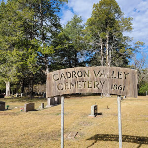 Cemetery with graves and trees and a sign with cutout letters saying