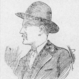 Line drawing of white man wearing hat and mustache