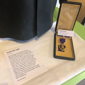 Purple Heart medal on display in a case