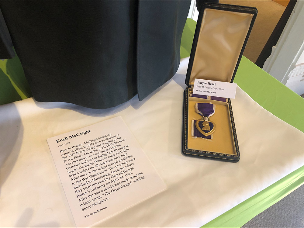 Purple Heart medal on display in a case