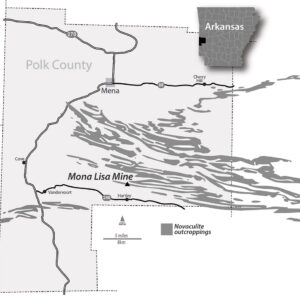 Map of part of Arkansas showing sections of novaculite and the location of the Mona Lisa Mine