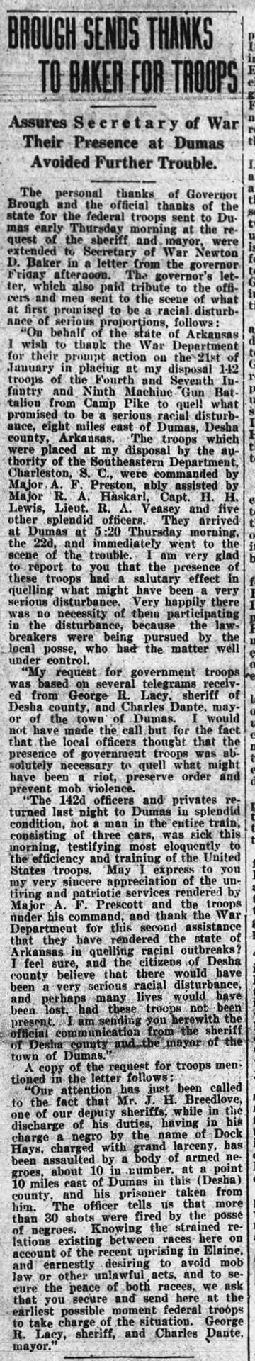 "Brough Sends Thanks to Baker for Troops" newspaper clipping
