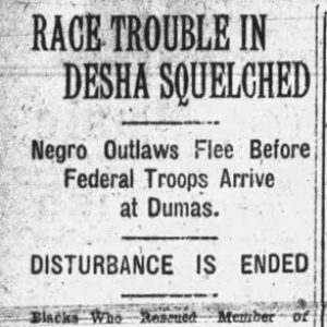 "Race Trouble in Desha Squelched" newspaper clipping