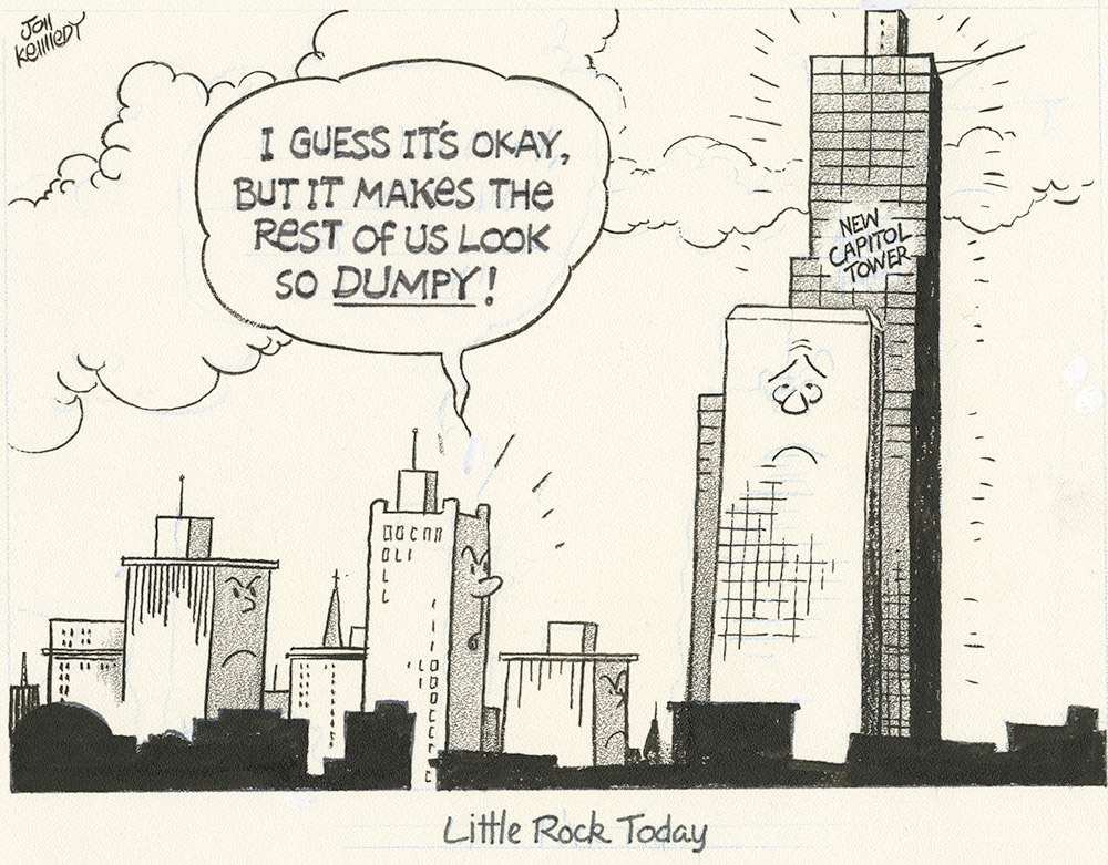 Cartoon of a skyscraper with other buildings saying "I guess it's okay