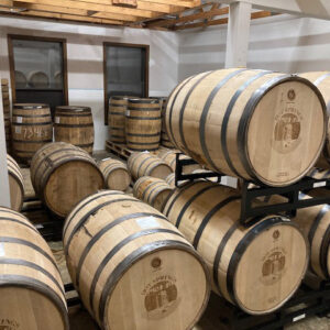 Room full of wooden barrels of spirits