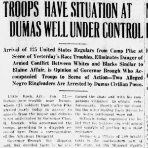 "Troops at Dumas Have Situation Well Under Control" newspaper clipping