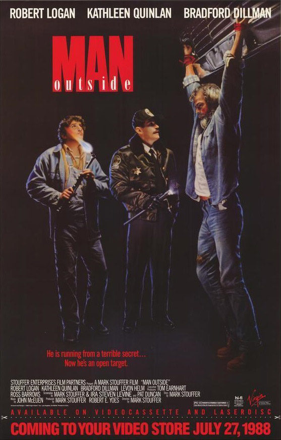 Movie poster featuring one man with hands tied above his head and two others in attitude of interrogating him