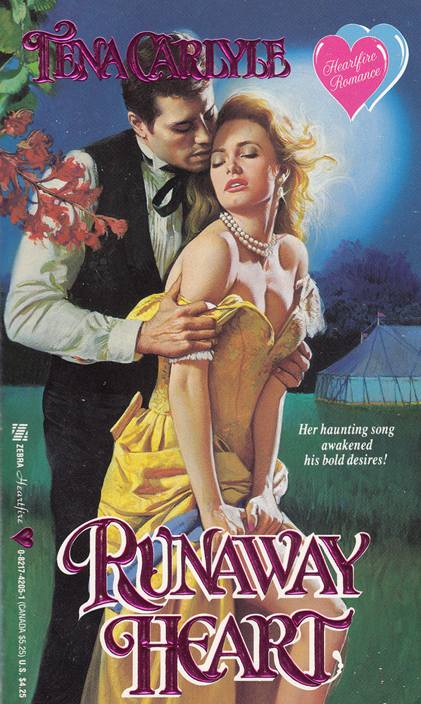 Book cover featuring white man in long sleeves and vest clutching from behind a white woman in yellow dress