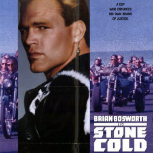 Movie poster featuring man with earring and fuzzy jacket and biker gang