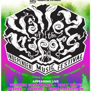 Musical fest poster with black and white swirls and band names underneath