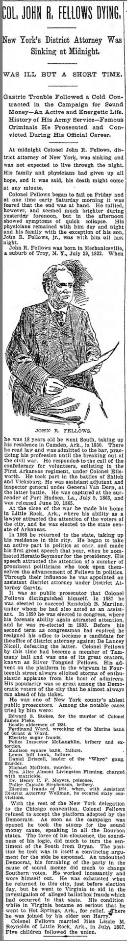 "Colonel John R. Fellows Dying" newspaper clipping