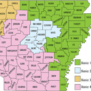 Map of Arkansas with colored sections showing Arkansas Congressional Districts