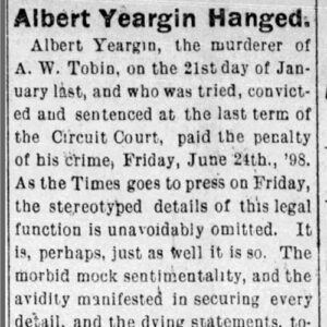 "Albert Yeargin Hanged" newspaper clipping