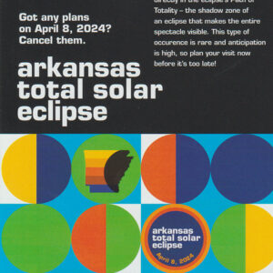 Card cover regarding the 2024 solar eclipse with white text on a black background and colorful circles